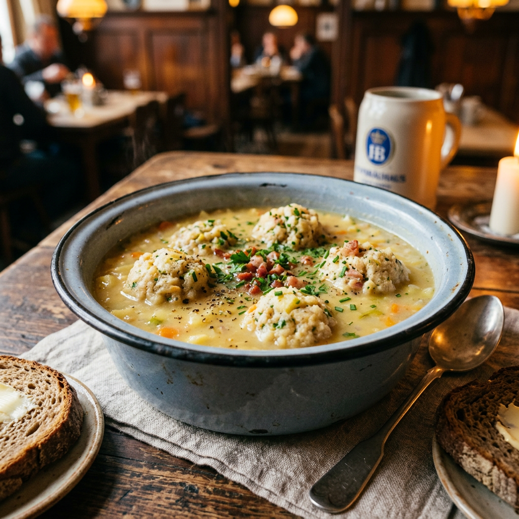 Bayerische Kartoffelsuppe mit einem großen Semmelknödel in einem rustikalen Steinzeugschüssel