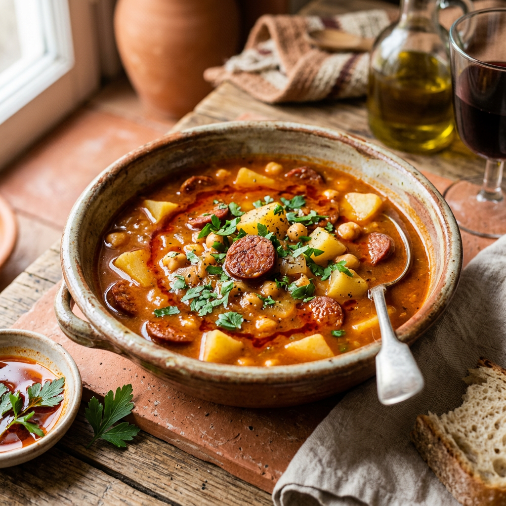 Spanische Kartoffelsuppe mit Chorizo-Scheiben, Kichererbsen und geräuchertem Paprikaöl in einem tiefen Teller