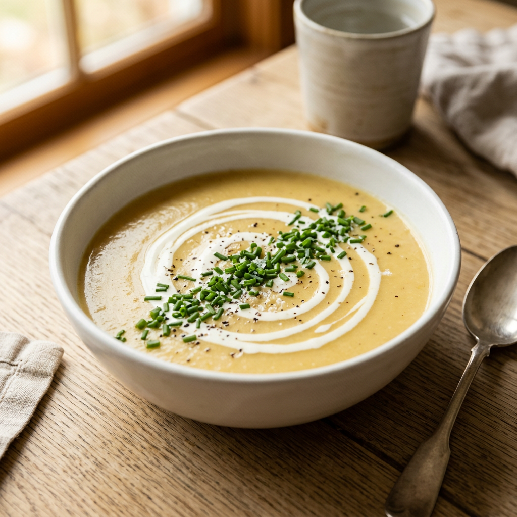 Samtweiche Kartoffelcremesuppe mit Sahne-Swirl und frischen Schnittlauch in elegantem weißem Teller