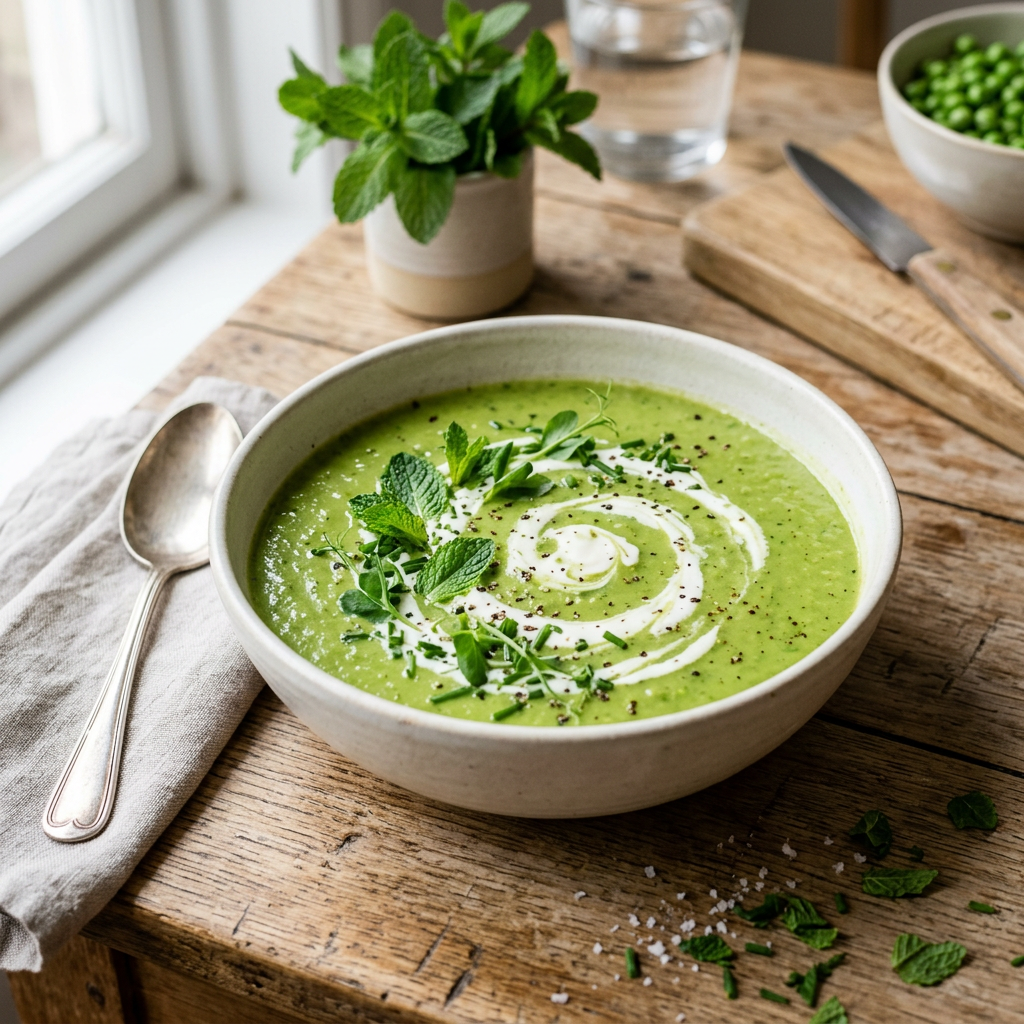 Leuchtend grüne Kartoffel-Erbsen-Suppe mit frischer Minze und Sahne-Swirl in einem weißen Teller