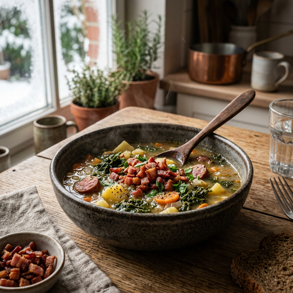 Herzhafte Kartoffelsuppe mit Grünkohl und Speckwürfeln in einem rustikalen Steinzeug-Teller