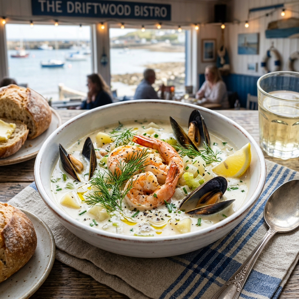 Elegante Kartoffelsuppe mit großen Garnelen und Muscheln in cremiger Brühe, serviert in weißem Porzellan