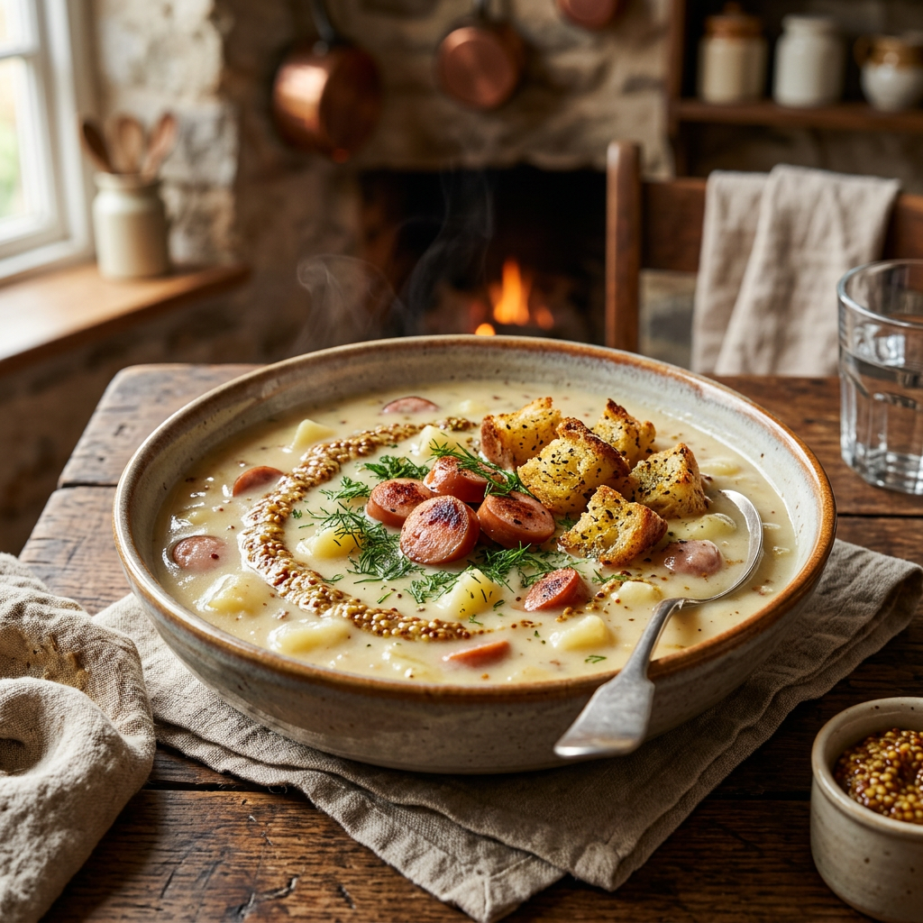 Cremige Senf-Kartoffelsuppe mit Frankfurter Würstchen, Dill und Vollkornsenf-Swirl in einem tiefen Teller