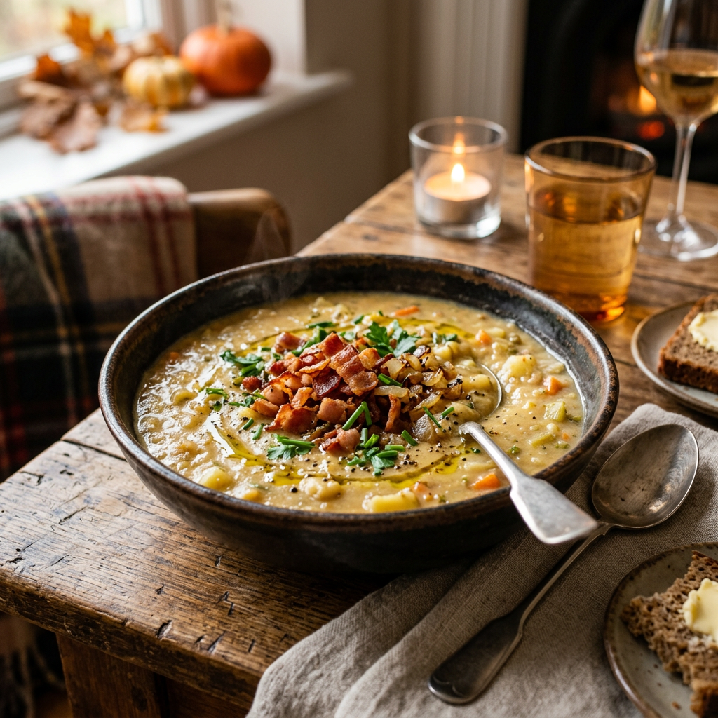 Herzhafte Kartoffelsuppe mit knusprigen Speckwürfeln und karamellisierten Zwiebeln in einem dunklen Teller