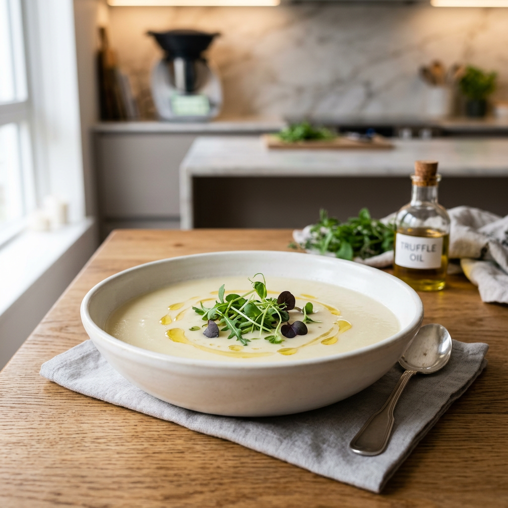 Perfekt cremige Thermomix-Kartoffelsuppe mit Truffle-Öl und Kräutern in einem eleganten Suppenteller