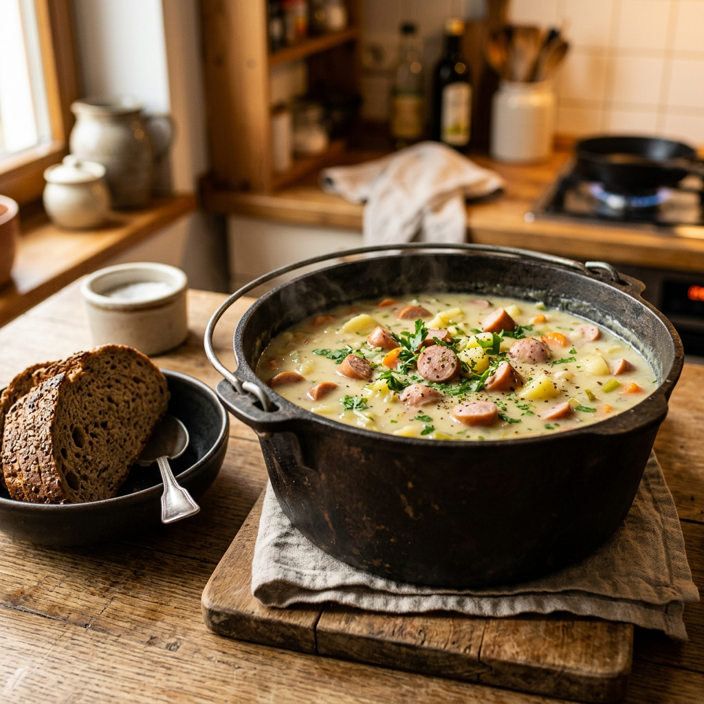 Herzhafte Kartoffelsuppe mit Wiener Würstchen-Scheiben in cremiger Brühe, serviert im rustikalen Emaille-Topf