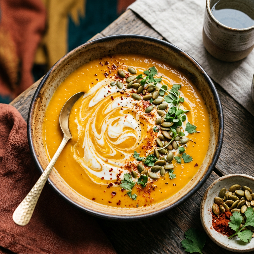 Leuchtend orange Süßkartoffelsuppe mit Kokosmilch-Swirl, Kürbiskernen und geräuchertem Paprika