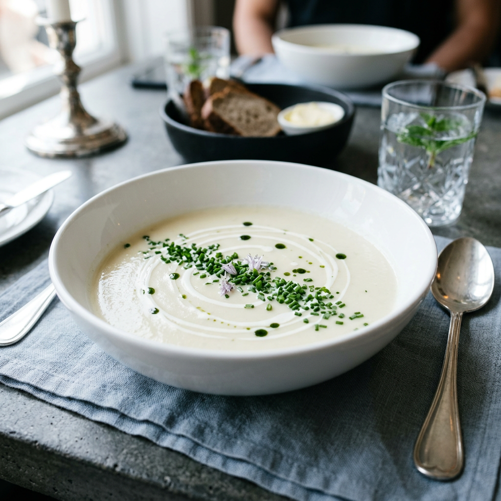 Elegante Vichyssoise in einem edlen Suppenteller mit Schnittlauch und Sahne-Swirl, kalt serviert